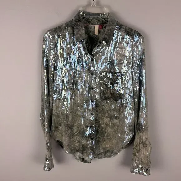 Anthropologie Pilcro Boho Tie Dye Sequin Long Sleeve Button Front Blouse S - Picture 3 of 8